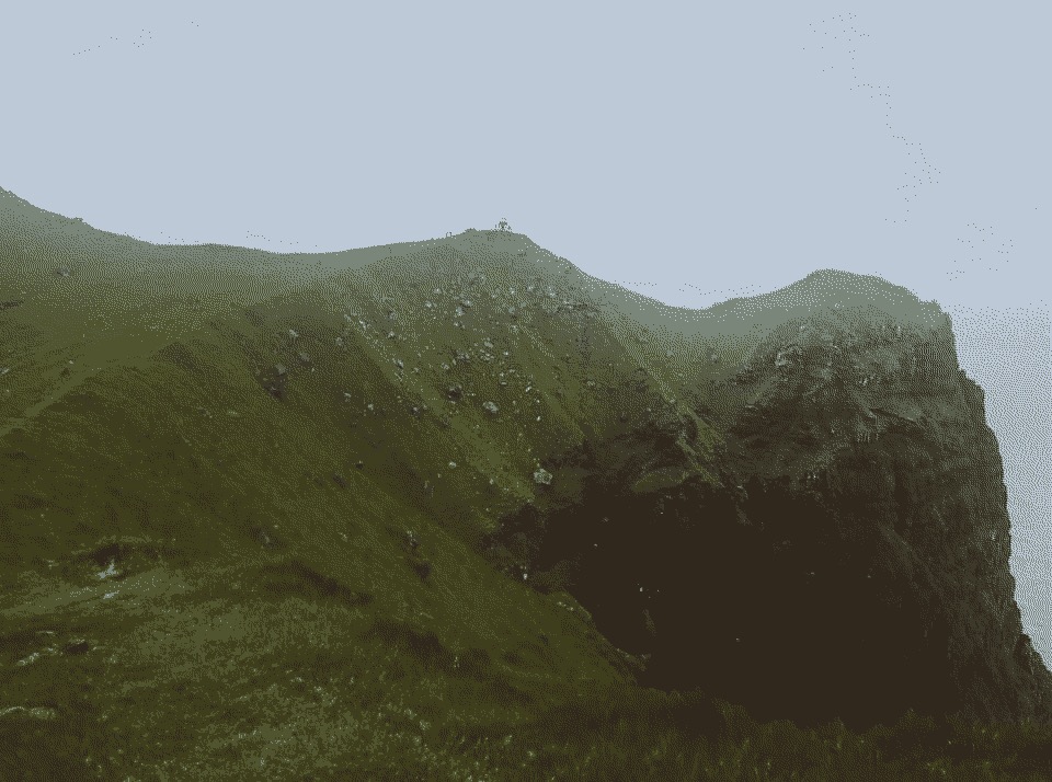 A remote area of Faroe, showing a lighthouse over green cliffs in the mist..