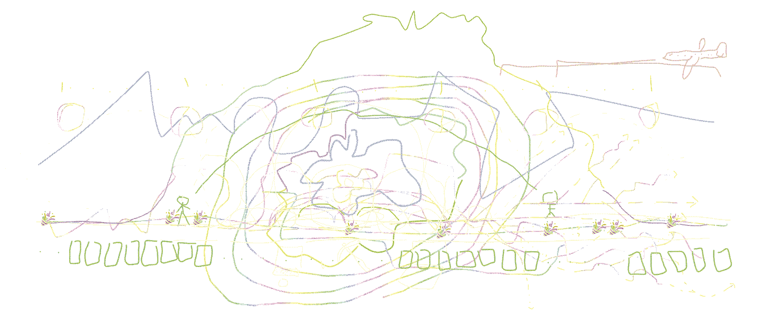 All the drawings from the rest of this page, overlayed over one another - largely illegible, primarily ornamental.