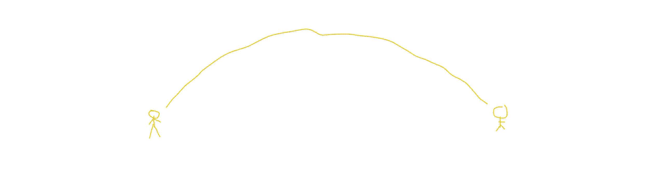 A yellow stick figure on the left with a long arc leading to another stick figure on the right.
