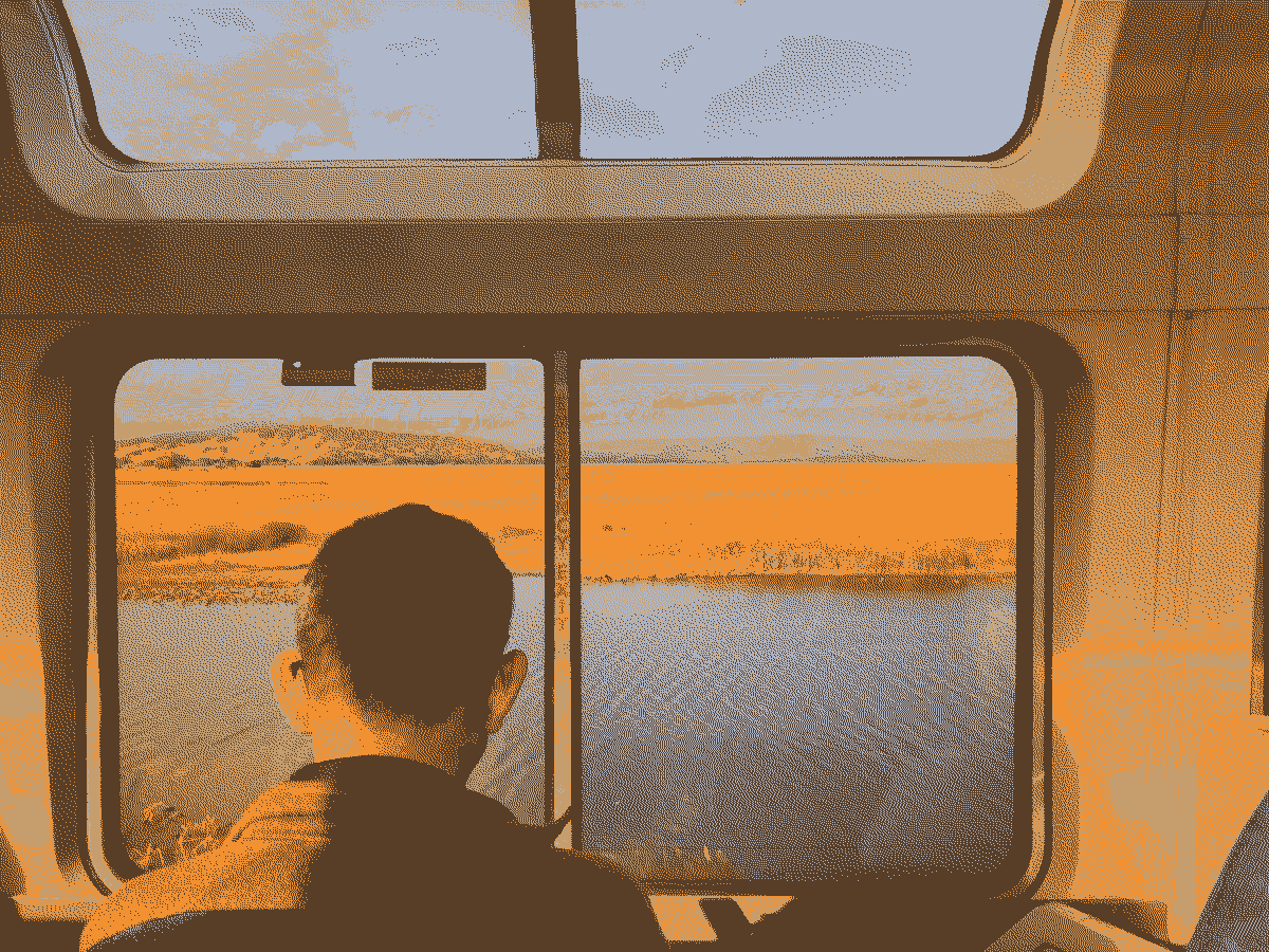 The view of some hills from an Amtrak sightseeing car.