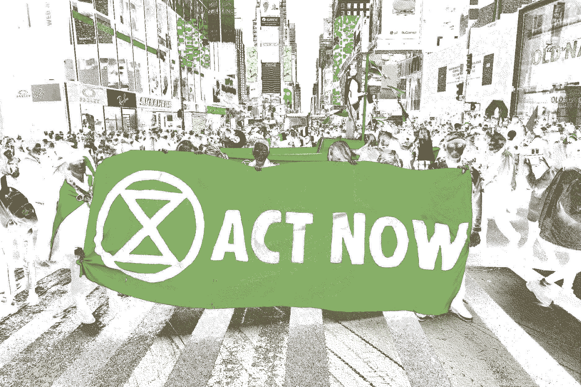 Protestors hold a banner with the Extinction Rebellion logo in Times Square which reads ACT NOW.